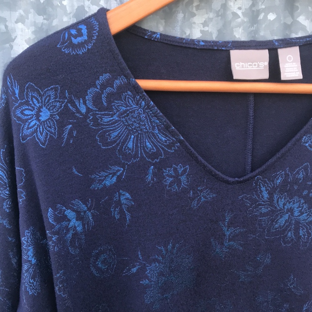 Chico’s V-neck Navy Blue Pullover with Floral Design
